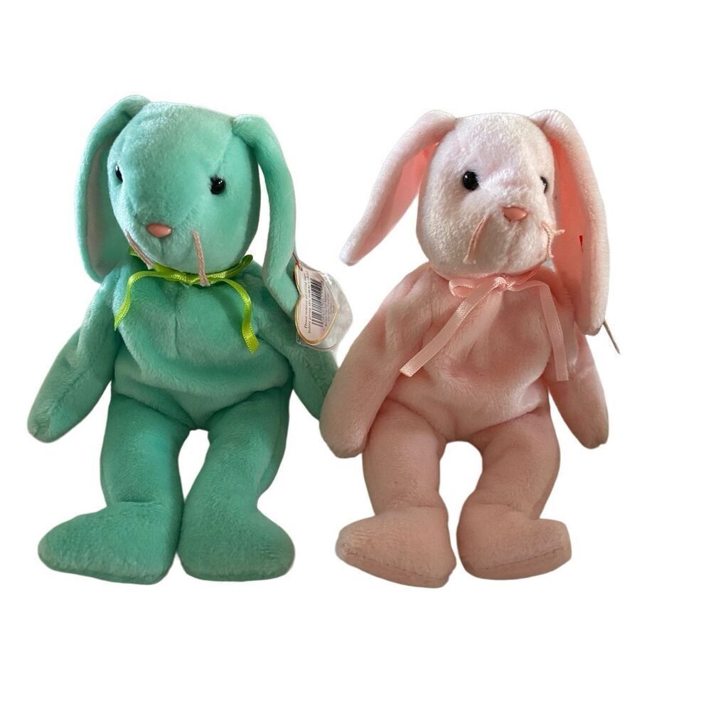 Set of 2 1996 Hippity And Hoppity Bunny Rabbit Ty Beanie Babies Plush Collectibl